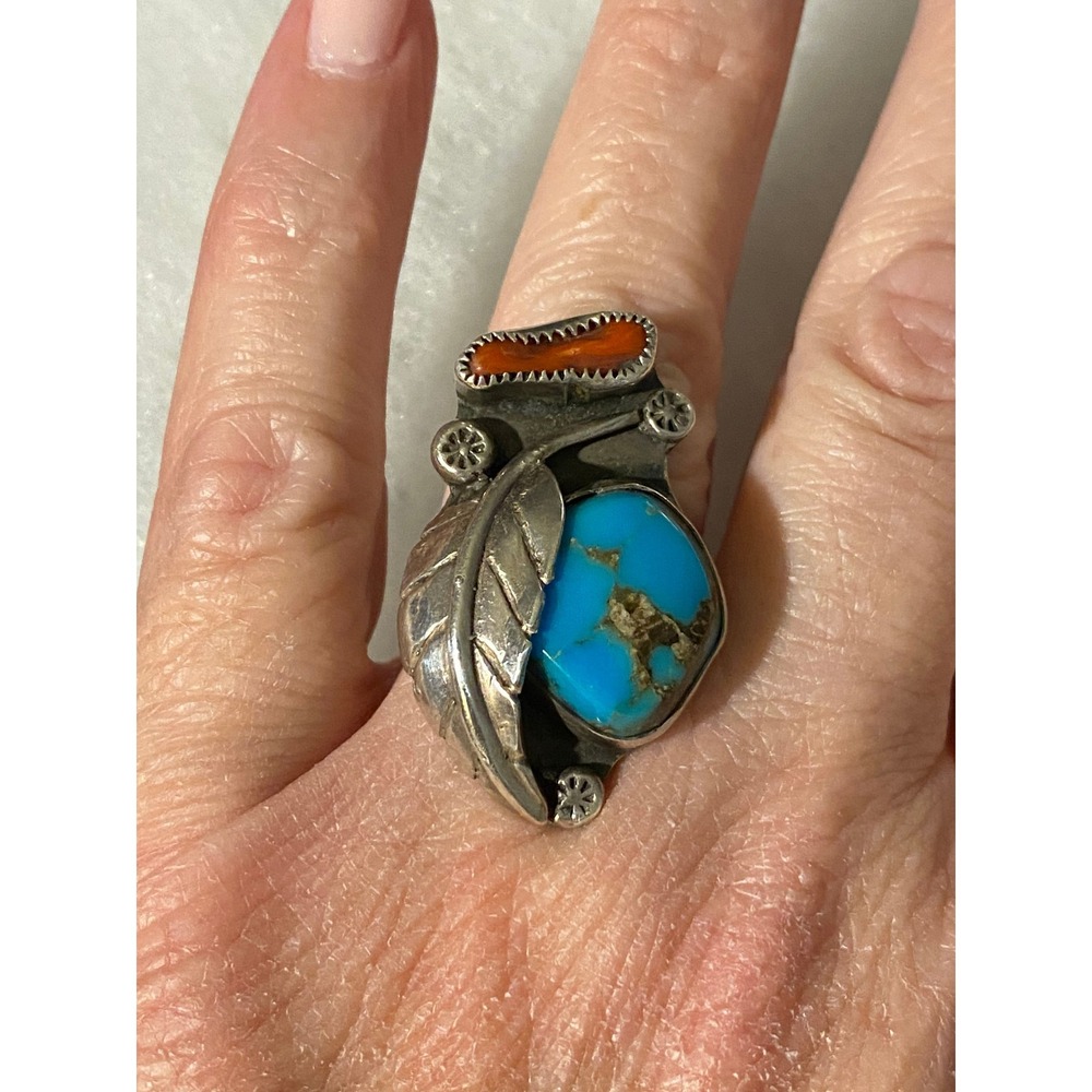 Vintage Navajo Sterling Silver Turquoise & Coral Ring Sz 6